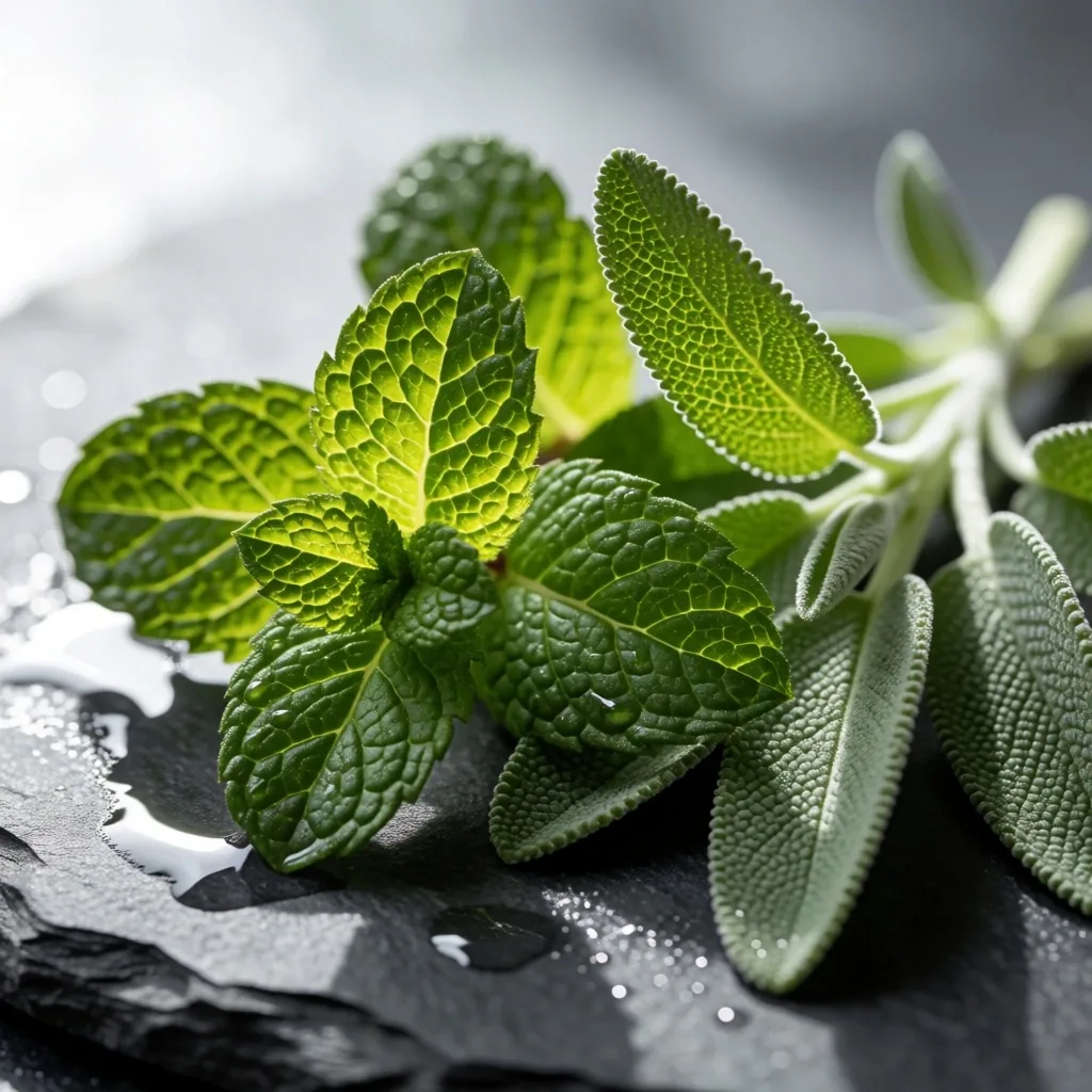 Fresh botanical ingredients on stone