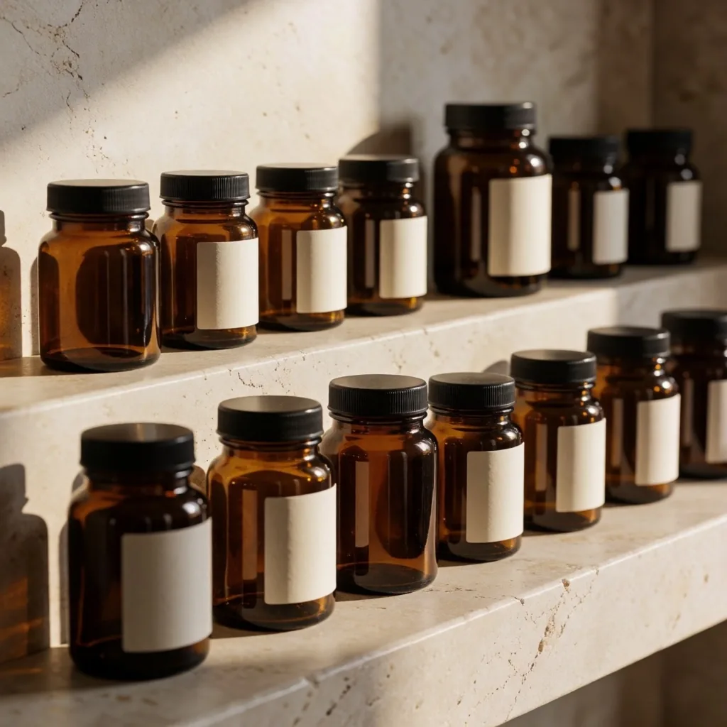 Organised supplement bottles on stone shelving