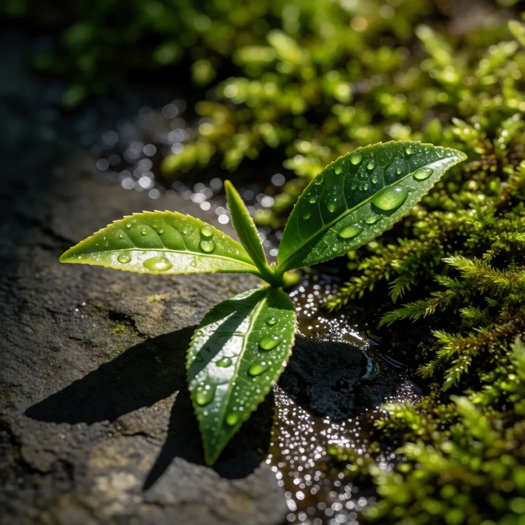 Fresh green botanical ingredients in morning light