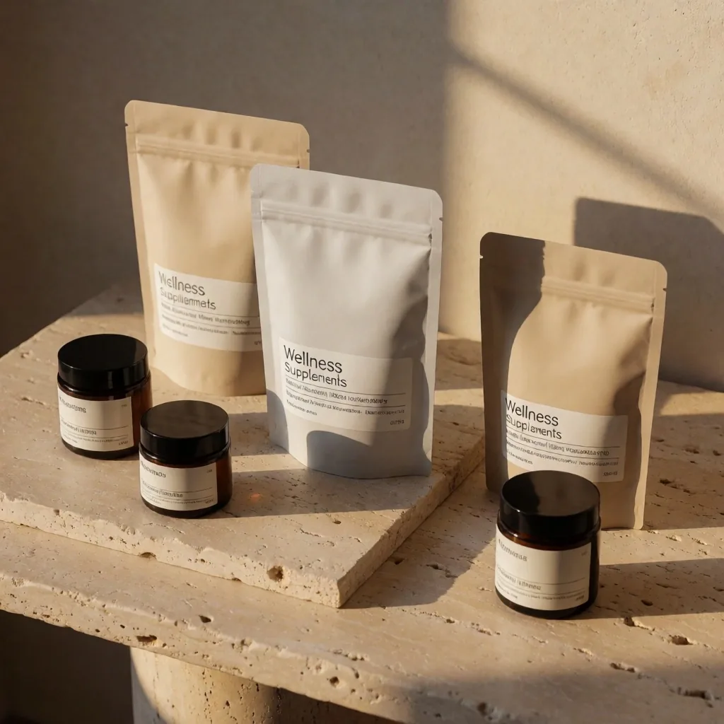 Wellness supplement products on stone surface