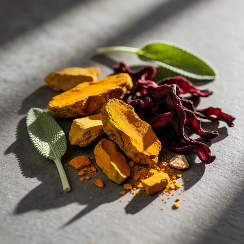 Wellness supplement ingredients arranged on stone